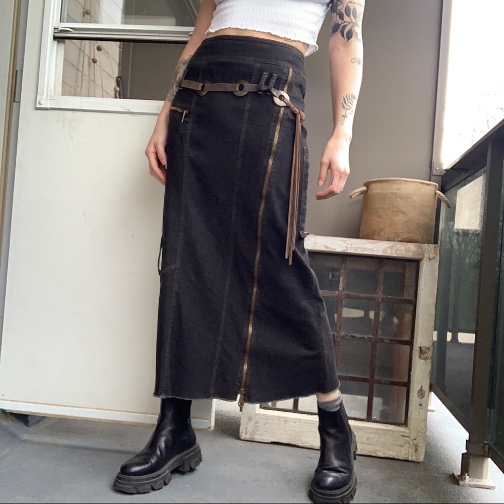 Vintage Denim Hugh Rise Maxi Skirt & Fringe Belt